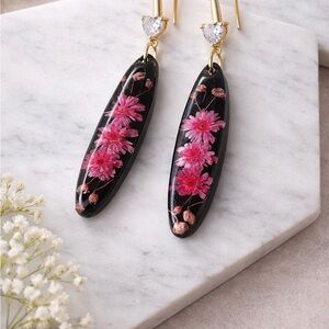 Handmade Black Resin Drop Earrings: Pink Floral, Crystal Heart